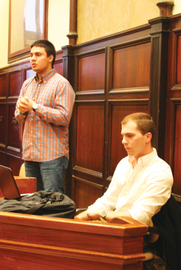 KAYLA NOGUCHI/THE HOYA

GUSA Vice Speaker Sam Greco (SFS ’15), right, lost his bid for speaker Sunday in an unexpected election whose validity is under question.