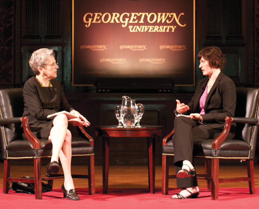 File Photo: LEONEL DE VELEZ
Sandra Fluke (LAW ’12) spoke with professor Judy Feder in a lecture hosted in Gaston Hall in April 2012.