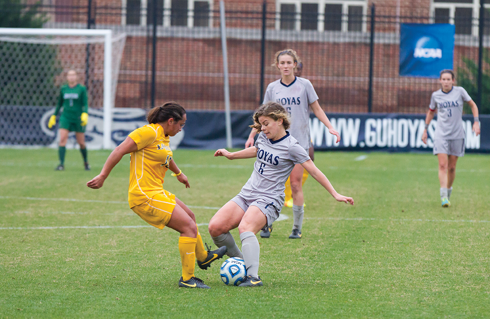 	File photo: Alexander Brown/THE HOYA
Senior midfielder Daphne Corboz scored one goal and added two assists in a 3-1 victory over the University of San Diego. Corboz is a nominee for the MAC Hermann Trophy Award.