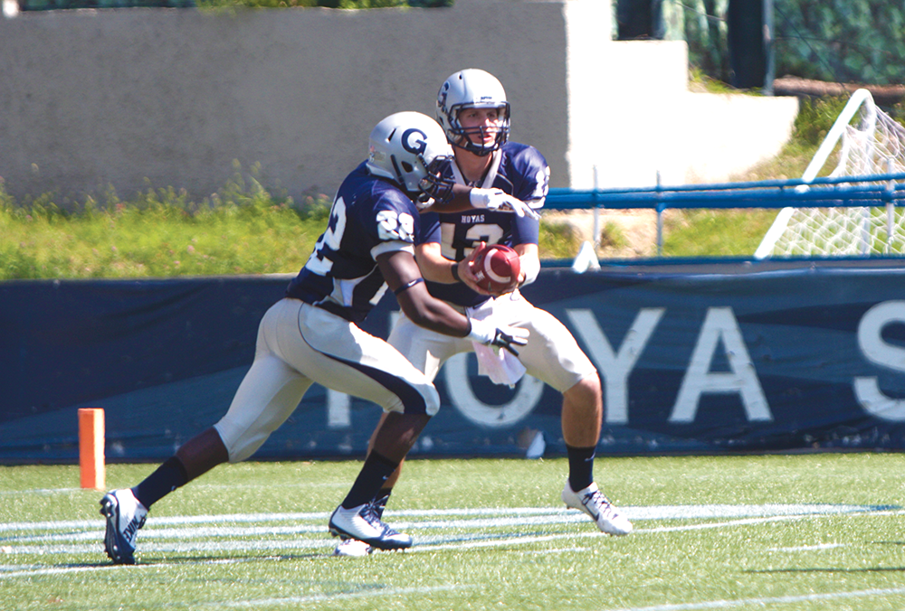 Julia Hennrikus/The hoya
Junior quarterback Kyle Nolan threw for a touchdown and rushed for another in Saturday’s 17-3 win over Brown. Junior running back Jo’el Kimpela rushed for a career-high 104 yards on 18 carries.