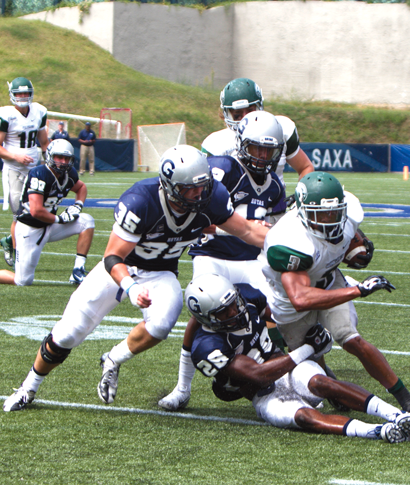 FILE PHOTO: CLAIRE SOISSON/THE HOYA
Senior linebacker Nick Alfieri recorded 14 tackles in Saturday’s 27-7  win over Marist. The Hoya defense created three turnovers in the win.