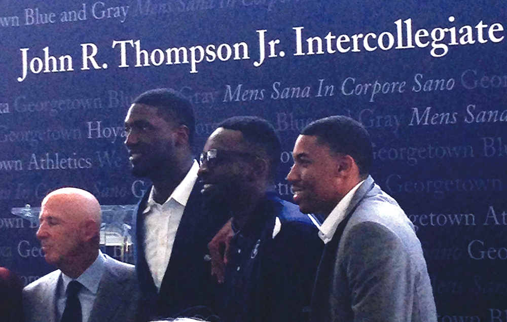 COURTESY ANDREW MINKOVITZ
(From left to right): Sports agent and donor David Falk joined Hoya basketball legends Roy Hibbert, Jeff Green and Otto Porter Jr. at the groundbreaking ceremony for the Thompson Athletic Center on Friday.