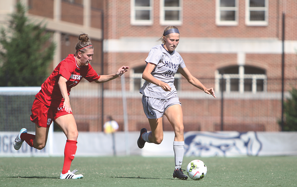 FILE PHOTO: CHRIS GRIVAS/THE HOYA
Sophomore forward Grace Damaska notched her first goal of the season against Virginia Tech in a 6-1 loss Friday night. The loss came on the heels of a  four-game unbeaten streak. 