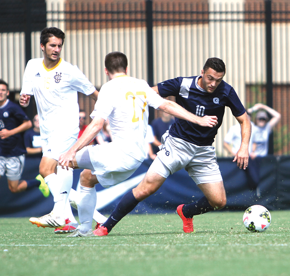 CHRIS GRIVAS/THE HOYA
Junior forward Brandon Allen scored Georgetown’s lone goal in a 1-1 draw against the No. 9 UC Irvine Anteaters at Shaw Field on Sunday.