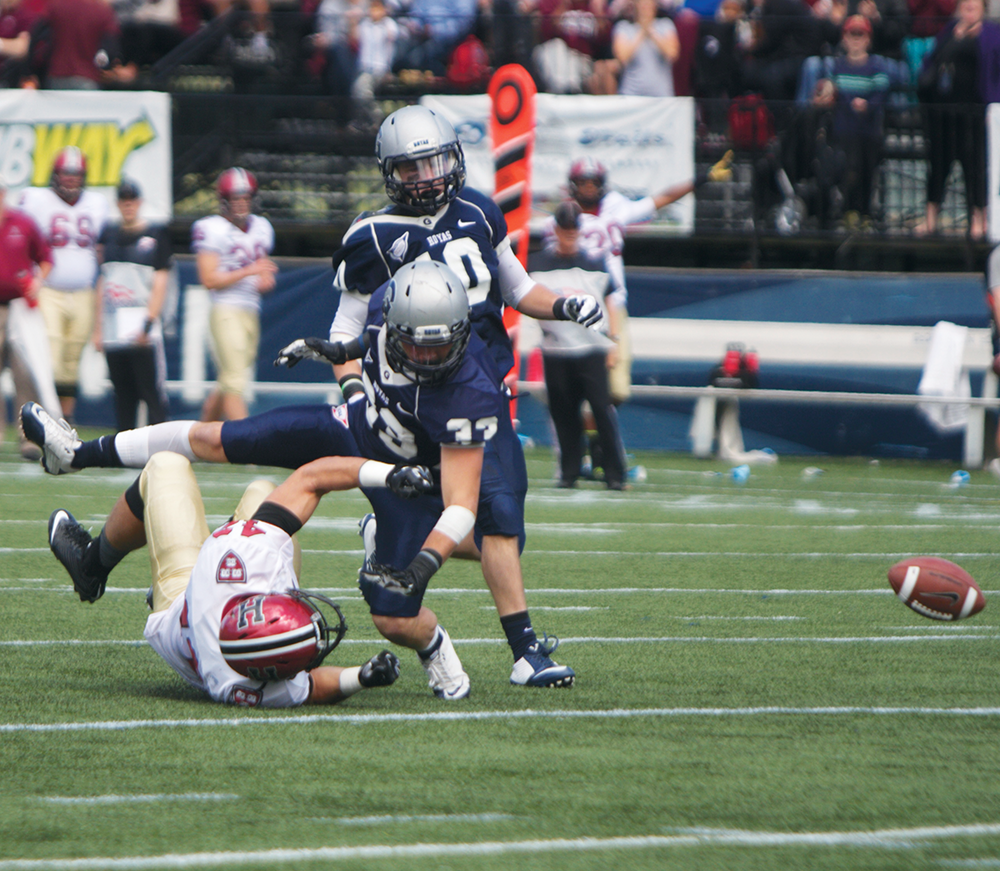 File photo: Claire Soisson/THE HOYA
Junior defensive back Garrett Powers had seven tackles and forced a fumble Saturday. It was the third turnover forced by Powers this season.