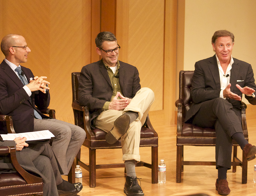 COURTESY GEORGETOWN UNIVERSITY
UNC School of the Arts Chancellor Lindsay Bierman (CAS ’87) (left), Harvard professor Mark Poirier (CAS ’91) (center) and author Christopher Reich (SFS ’83) spoke on their careers in media Tuesday. 