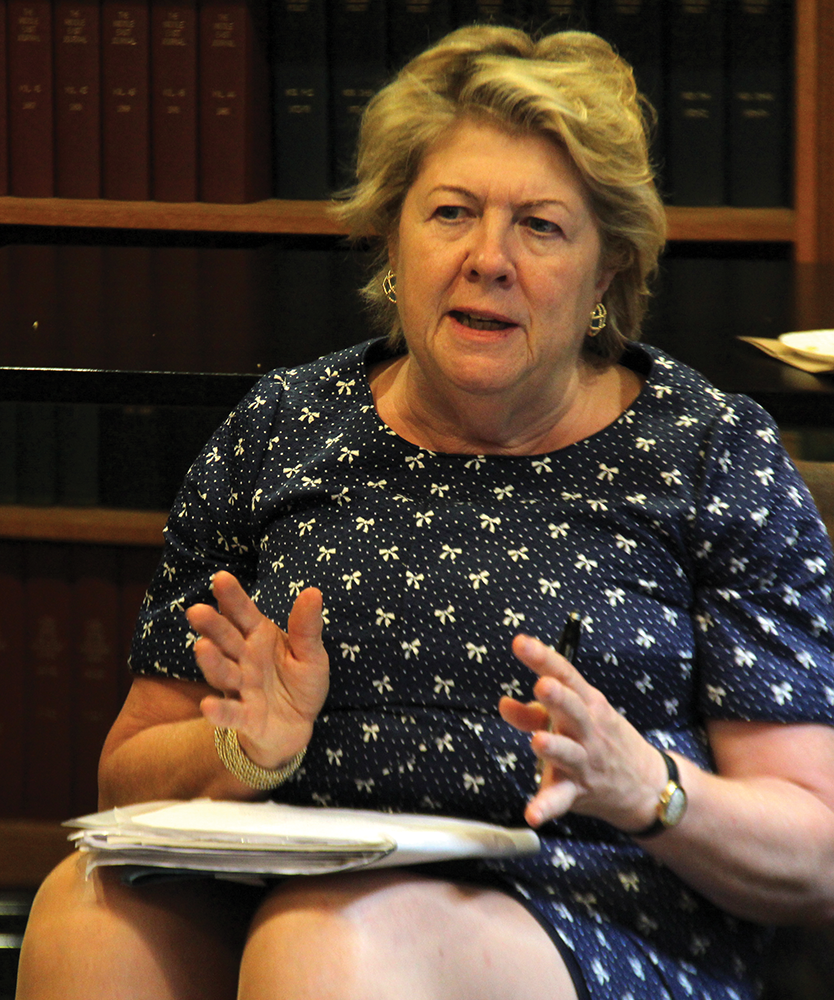 NATASHA THOMSON/THE HOYA
Baroness Mary Goudie called for government regulation of human 
trafficking and support for its victims in McGhee Library on Thursday.
