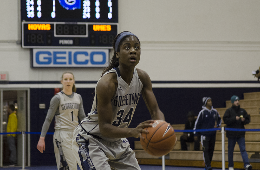 DAN GANNON/THE HOYA
Freshman guard Dorothy Adomako led the team in both games this weekend in rebounds, with 14 on Friday and 11 on Sunday. She ranks second on the team in average points per game with 14.