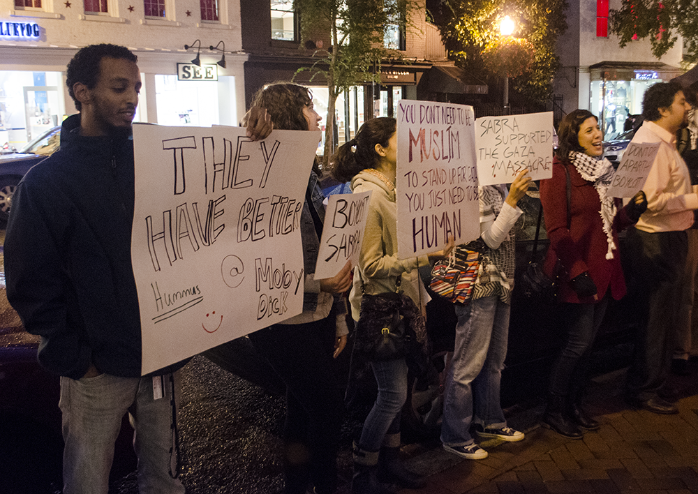 FILE PHOTO: DAN GANNON/THE HOYA
Students protested the Georgetown Sabra Hummus House pop-up shop in October for its owners association with the Israeli army.