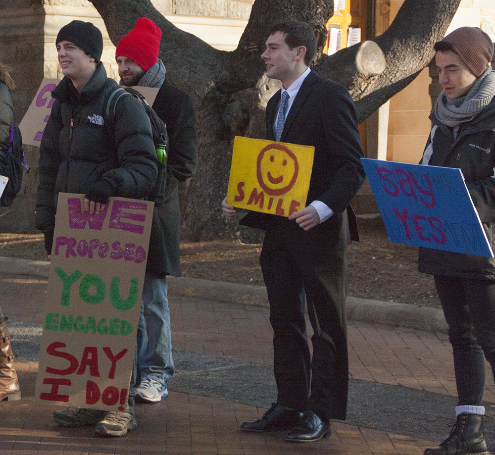 ISABEL BINAMIRA/THE HOYA
GU Fossil Free led a sparsely attended rally before the Jan. 16 vote.