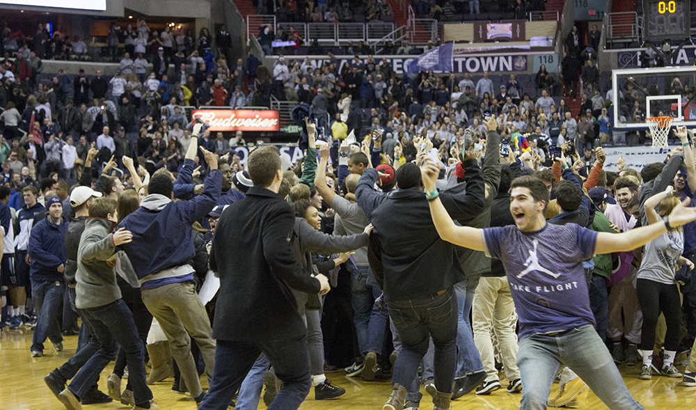 JULIA HENNRIKUS/THE HOYA
Students reacted to a 20-point victory over Big East rival No. 4 Villanova by storming the court after time expired.
