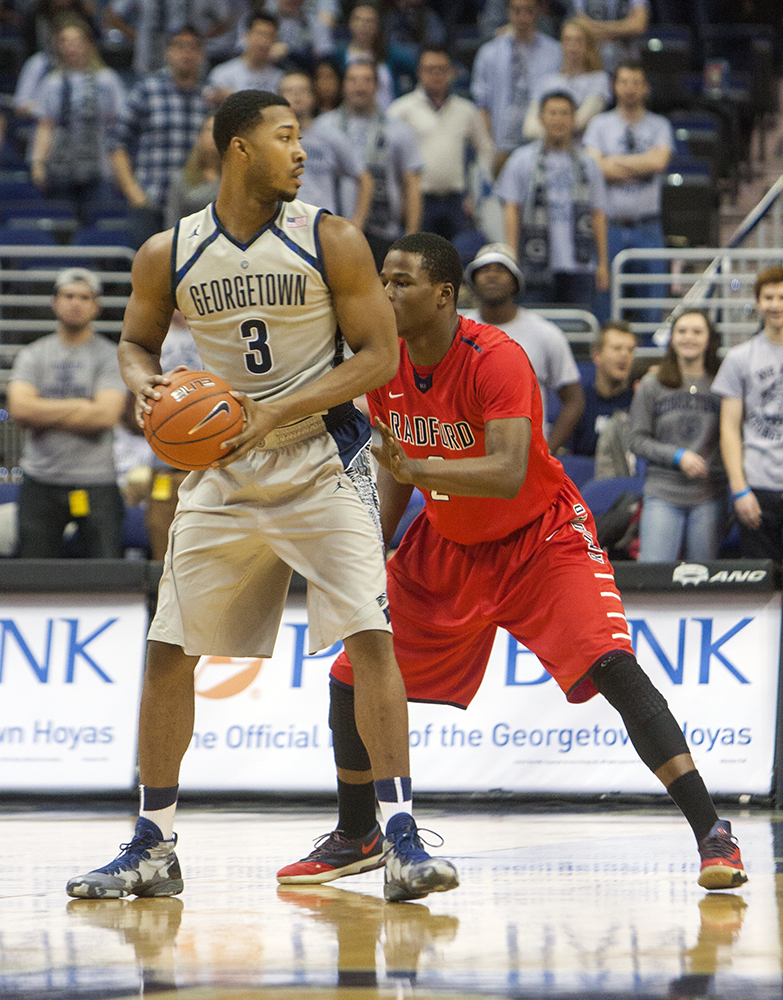 FILE PHOTO: MICHELLE XU/THE HOYA
Senior forward Mikael Hopkins may see some playing time at the center position when the team travels to Providence this Saturday.