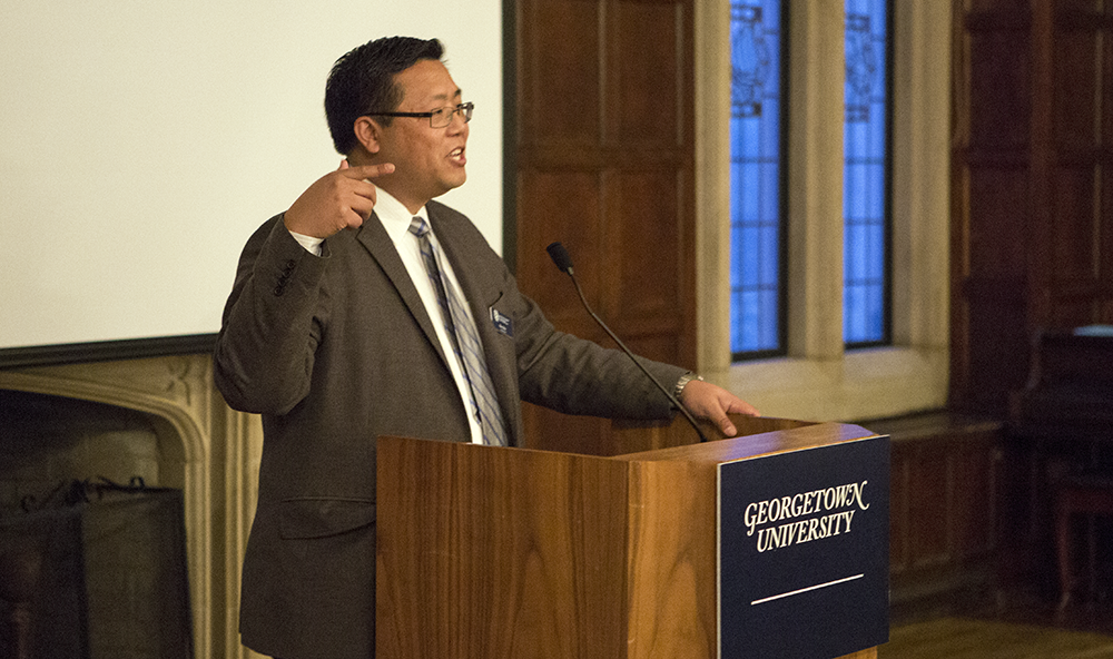 DANIEL SMITH/THE HOYA 
Center for Social Justice Associate Director Ray Shiu spoke at the 30th anniversary dinner for the pre-orientation program FOCI.