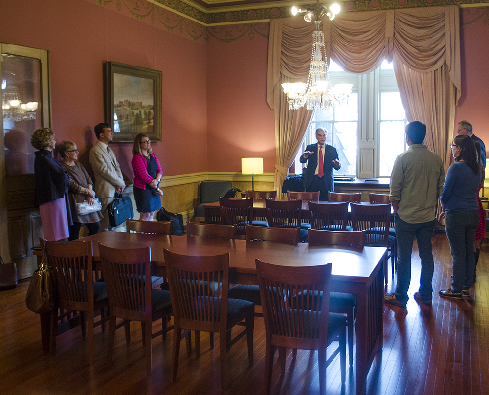 DAN GANNON/THE HOYA 
The Carroll Parlor, which is located on the first floor of Healy Hall, reopened as a study space for senior undergraduates during a ceremony Thursday.