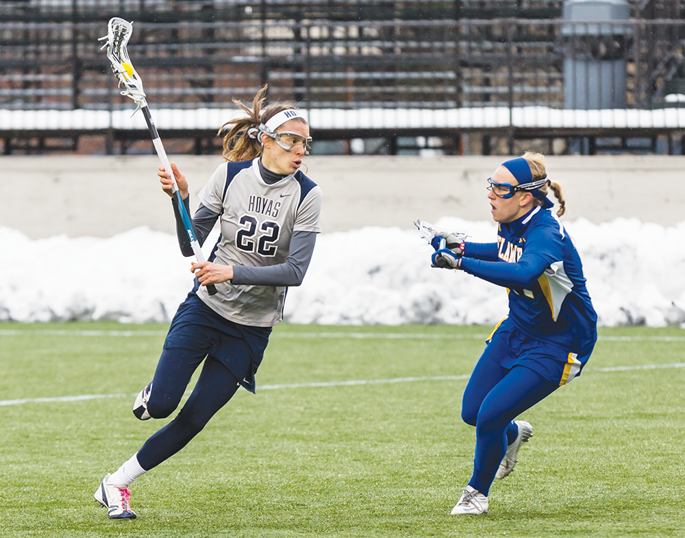 ALEXANDER BROWN/THE HOYA
Freshman midfielder Hannah Seibel scored a team-high two goals in Georgetown’s 12-8 loss to No. 16 Loyola Maryland on Wednesday night. Seibel has six goals and two assists for the Hoyas this season.