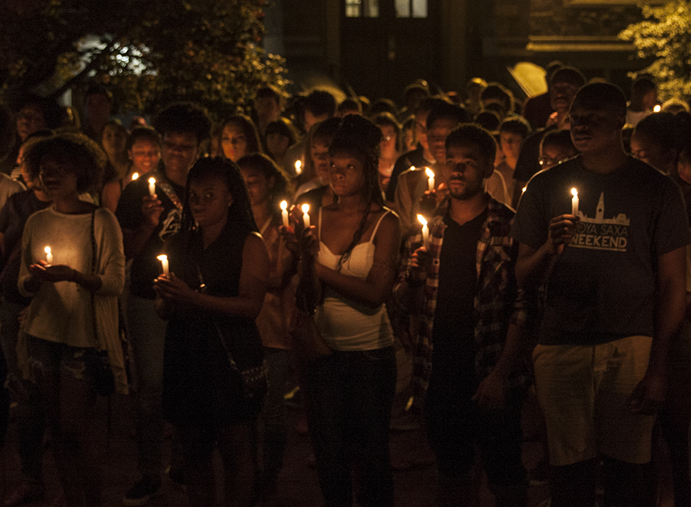 FILE PHOTO: MICHELLE XU/THE HOYA
Students gathered for a vigil on the events in Ferguson in Red Square in August.