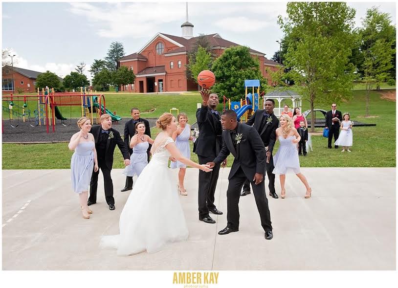 Meredith Cox Crawford and Tyler Crawford line up for a jump ball on their wedding day. 