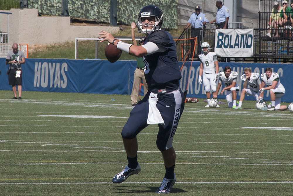 FILE PHOTO: ISABEL BINAMIRA/THE HOYA
Senior quarterback Kyle Nolan threw for 264 yards and two touchdowns in the Hoyas’ 24-16 win over the Lions. Nolan also ran for 41 yards and another touchdown in the victory. 