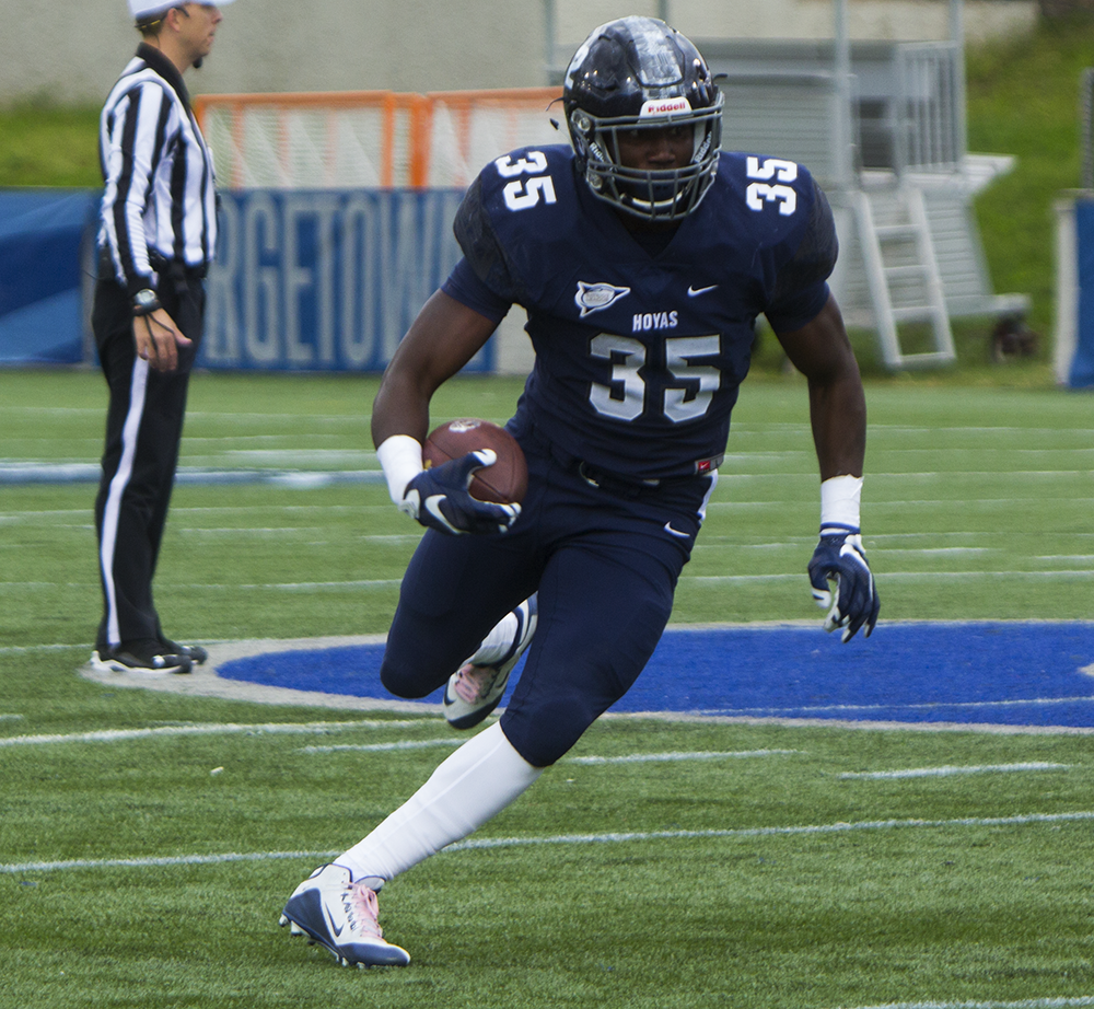 FILE PHOTO: NAAZ MODAN/THE HOYA
Senior running back Jo’el Kimpela rushed for a season-high 142 yards and one touchdown on 18 carries in Georgetown’s 17-9 victory over Bucknell. 