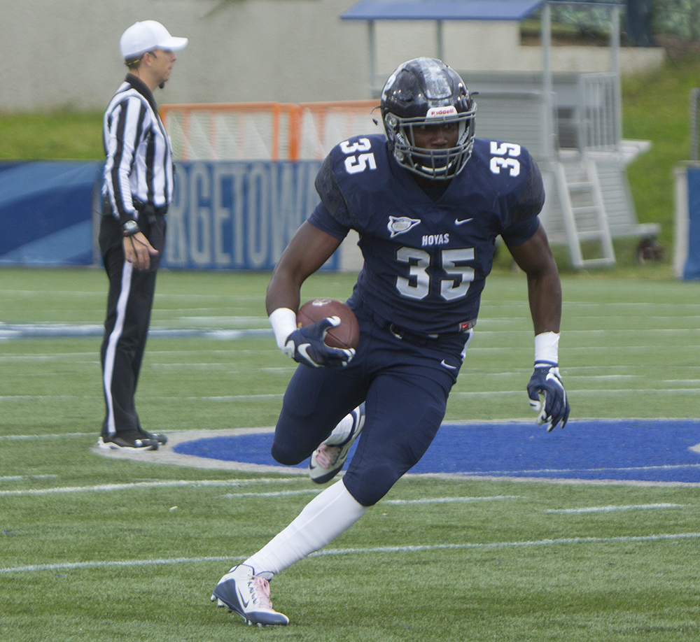 FILE PHOTO: KARLA LEYJA FOR THE HOYA
Senior running back Jo’el Kimpela had 22 carries for 104 yards in his team’s 17-13 loss to Colgate. Kimpela added three receptions for 23 yards in the game.