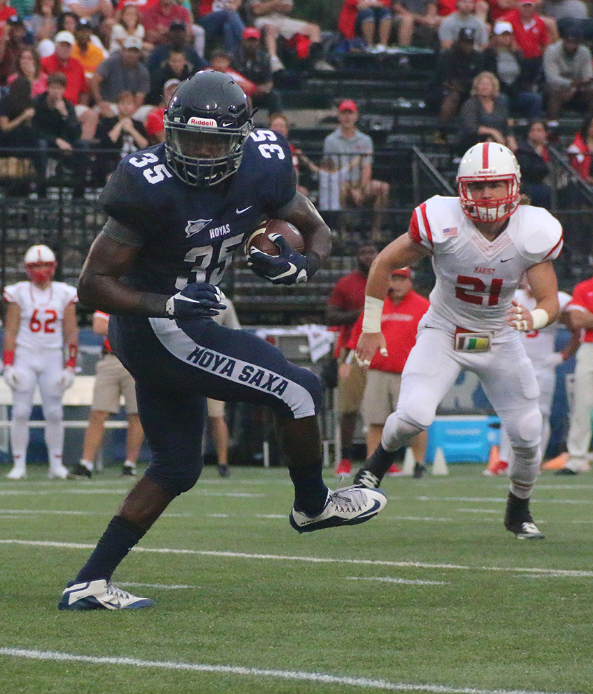 FILE PHOTO: ISABEL BINAMIRA/THE HOYA
Senior running back Jo’el Kimpela rushed for 46 yards on seven carries in Georgetown’s loss to Harvard last Friday. Kimpela has rushed for 224 yards and one touchdown this season.