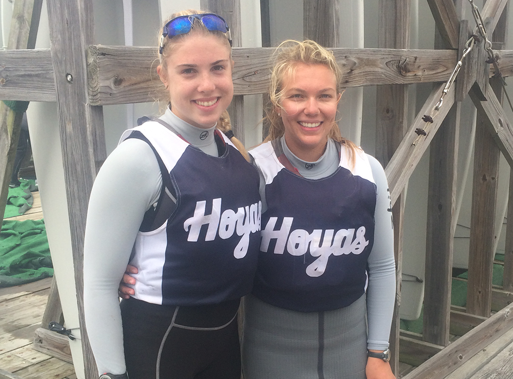 COURTESY GEORGETOWN ATHLETICS
Freshman Haddon Hughes, left, became the first Georgetown sailor to win the MAISA Women’s Singlehanded Championship. Hughes is pictured with sophomore Lola Bushnell, who finished second at the championship.