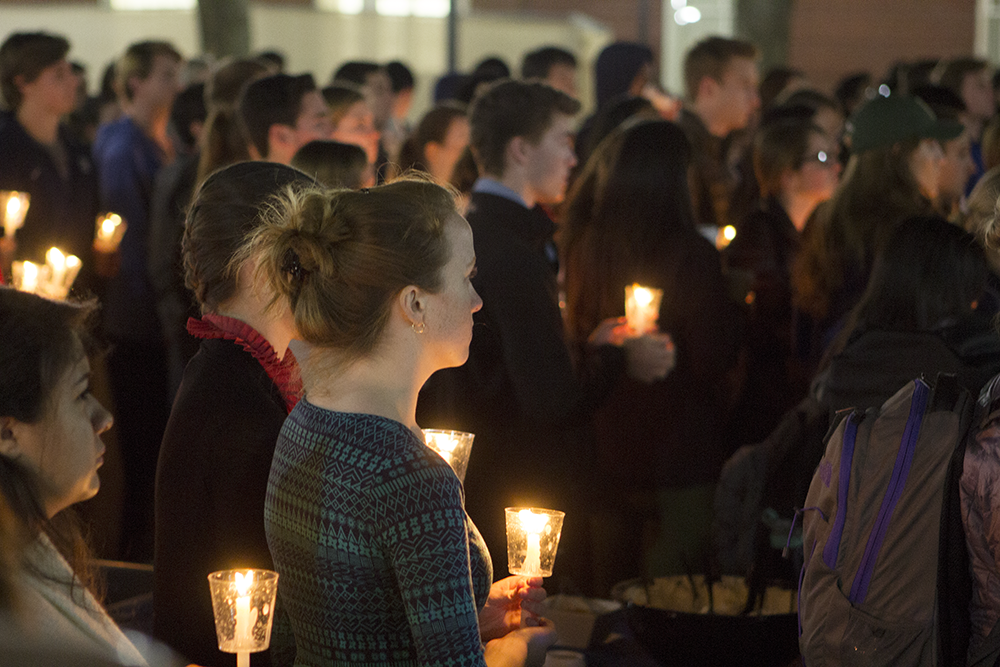 ISABEL BINAMIRA/THE HOYA
Students, faculty and staff gather in Dahlgren Quadrangle for an interfaith reflection following attacks in Baghdad, Beirut and Paris.