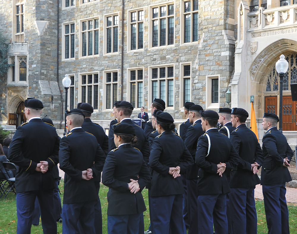 KATHLEEN GUAN/THE HOYA
Veteran students, alumni and community members participated in a Veterans Day ceremony on White-Gravenor lawn Wednesday afternoon, which also honored Medal of Honor recipient Charles Rand (MED 1873).