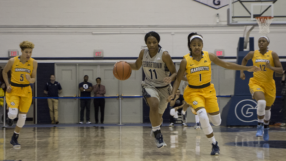 CLAIRE SOISSON/THE HOYA
Freshman guard Dionna White leads Georgetown’s attack this season with 15 points per game. White also is the team’s top rebounder, averaging a total of six rebounds per game this season.