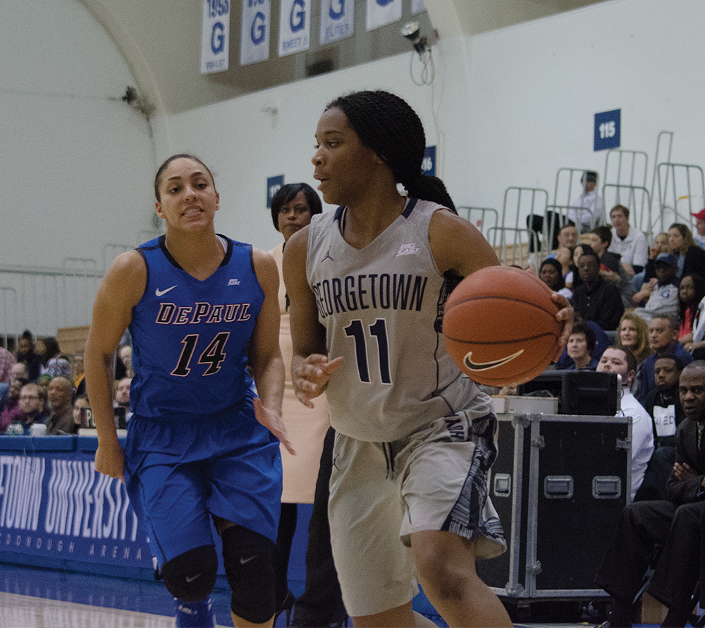 STANLEY DAI/THE HOYA
Freshman guard Dionna White scored 21 points in Georgetown’s 63-55 loss to St. John’s last Sunday. White leads the Hoyas in points with 14.6 points per game and in rebounds with six per game.