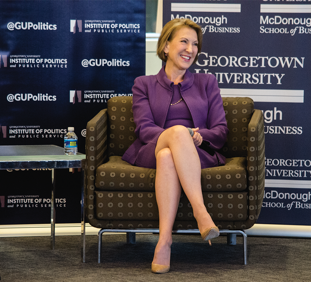 STANLEY DAI/THE HOYA
Former Hewlett-Packard Executive Officer Carly Fiorina discussed her bid for the 2016 presidential nomination as part of the GU Politics series “Reflections on Running” March 15. 