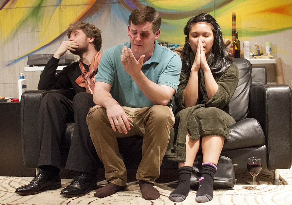 NAAZ MODAN/THE HOYA
Conor Canning (COL ’16), Greg Keiser (COL ’16) and Cristina Ibarra (COL ’17) play Eduardo, Alfred and Melinda in the Nomadic Theatre’s “Happy.”