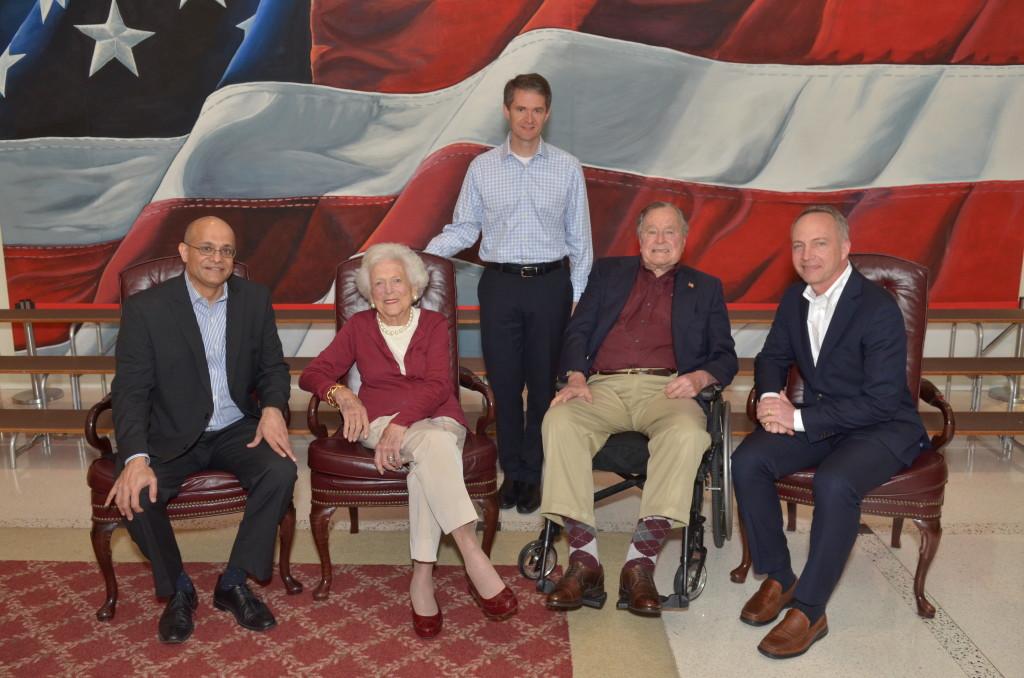 COURTESY MSB WEBSITE
Georgetown professors, Michael OLeary, Paul Almeida and Brooks Holtom who work for the Presidential Leadership scholar program pose with George H. W. Bush and Barbara Bush at the George H. W. Bush Presidential Center. 