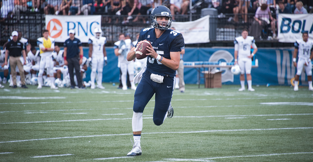 NAAZ MODAN/THE HOYA
Senior quarterback and co-captain Tim Barnes completed 16-of-30 passes and threw for one touchdown and 124 yards in Saturday’s 17-14 win against Columbia. Barnes also rushed for a team-high 39 yards. 