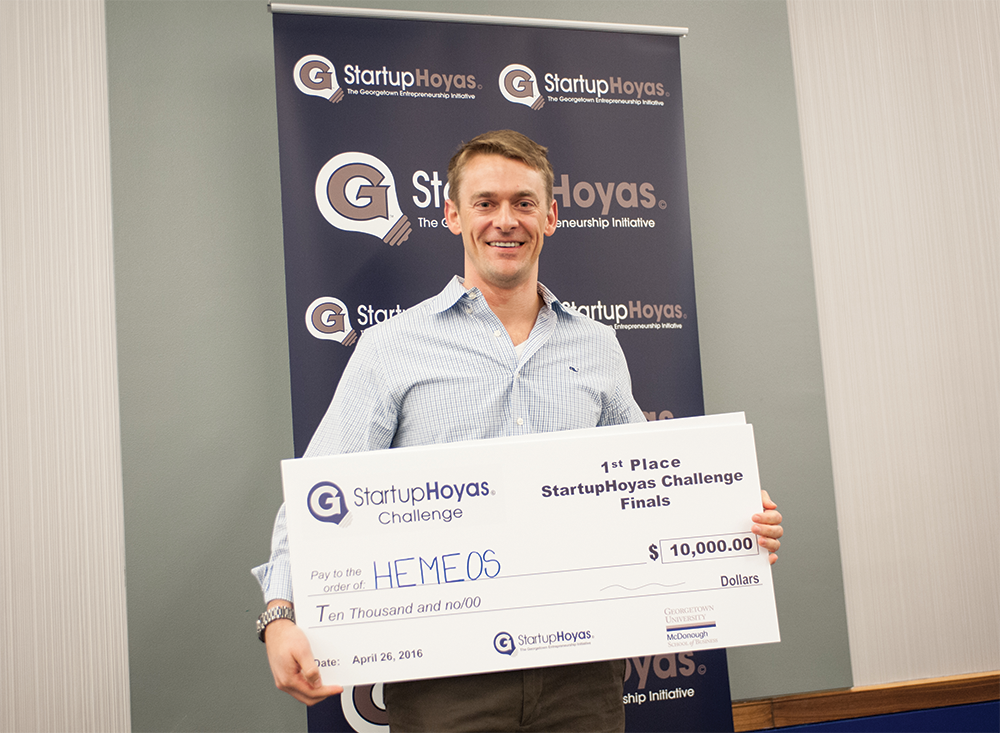 COURTESY GEORGETOWN UNIVERSITY 
Doug Grant (GRD ’16) won the $10,000 first prize for the Georgetown Entrepreneurship Initiative’s Entrepalooza competition in May for Hemeos, now in danger of falling to federal regulations. 