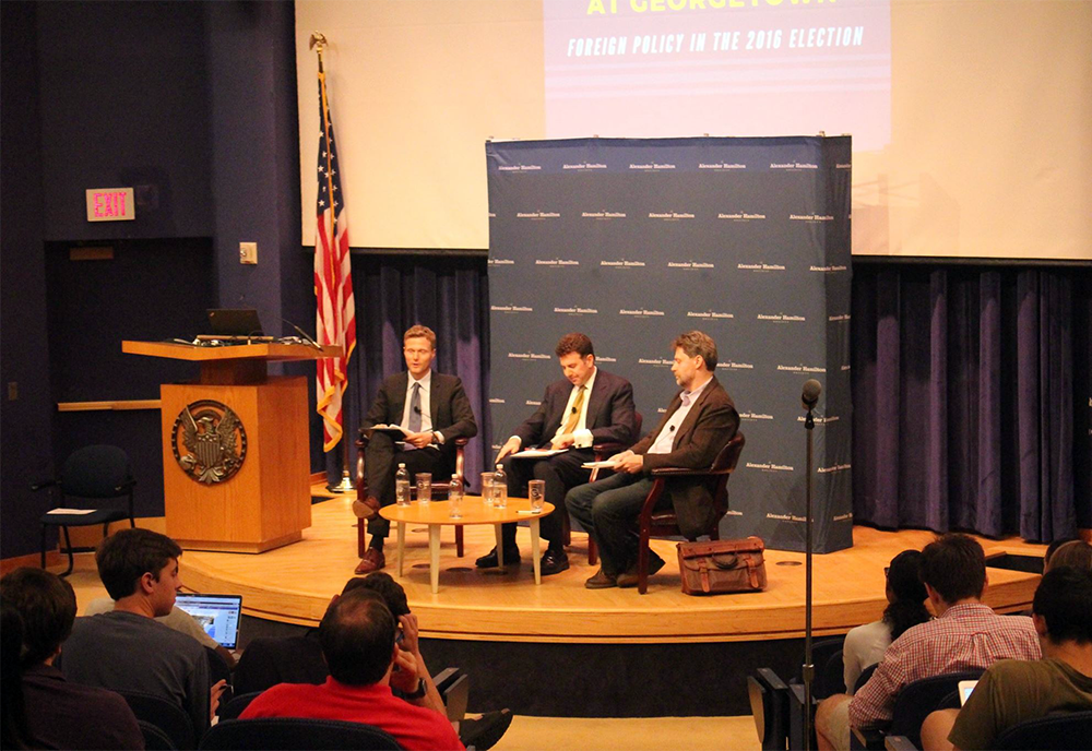 COURTESY ALEXANDER HAMILTON SOCIETY
Senior Associate Dean of the School of Foreign Service Daniel Byman and George Mason University professor Colin Dueck debated about the strengths and weaknesses of President Barack Obamas foreign policy at the Alexander Hamilton Societys first event last Tuesday.