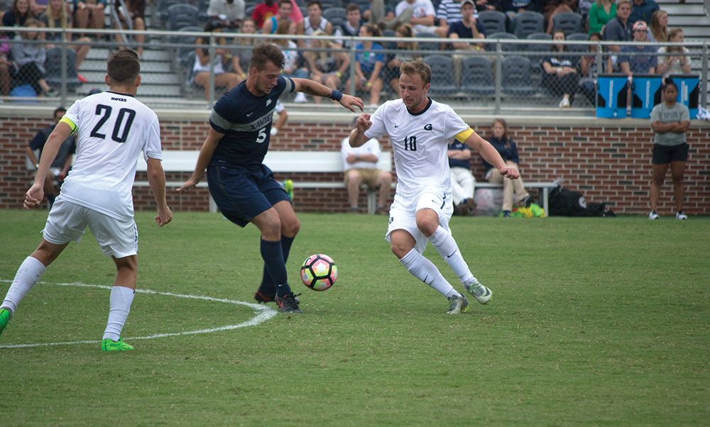 FILE PHOTO: jenna chen/THE HOYA
Senior forward Brett Campbell scored one goal in Tuesday’s 3-1 win against American. Campbell has a team-high three goals this season and has played and started in all nine games, recording 19 shots. 