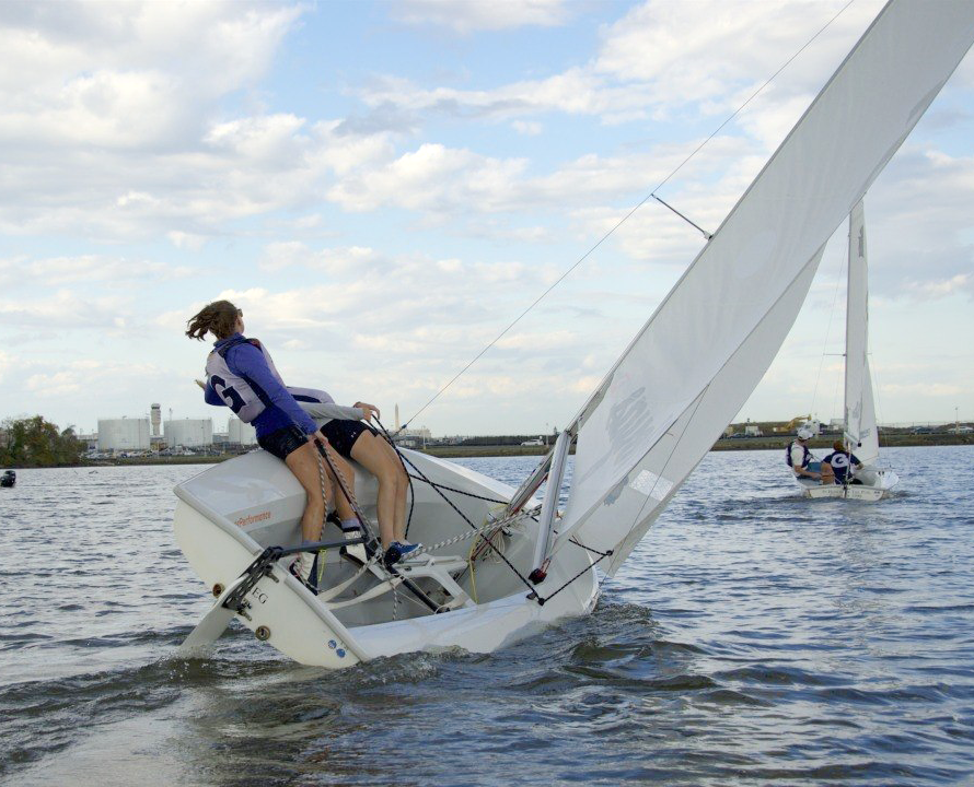 Courtesy Guhoyas
The men’s and women’s sailing teams practice on the Potomac River. The sailing teams will look to defend their national championships this season. The teams will compete in the MAISA Championship in two weeks.