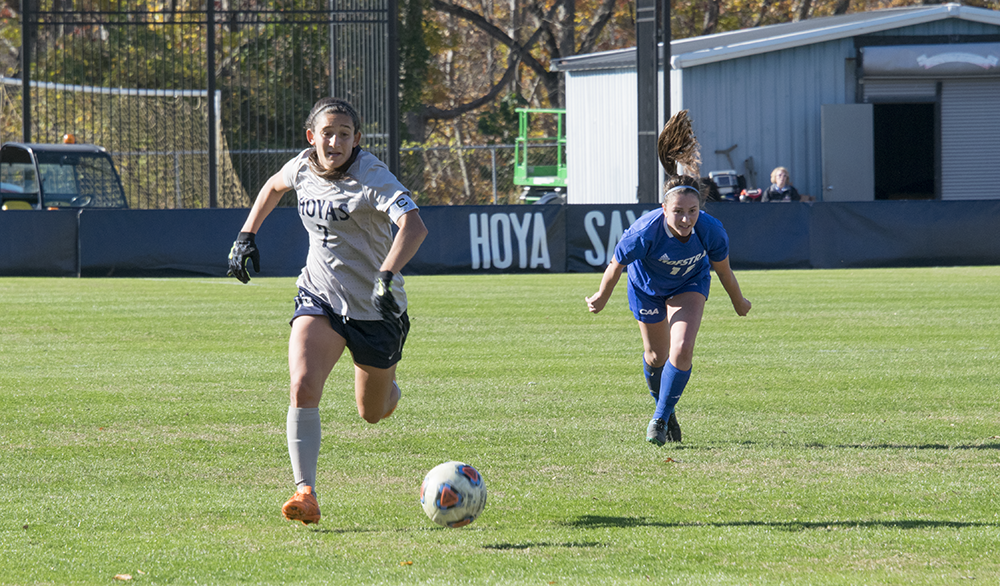 FILE PHOTO: ROBERT CORTES/THE HOYA
Sophomore forward Amanda Carolan scored the lone and eventual game-winning goal in Thursday’s win. It was her second goal of the season. She has also recorded two assists and is top-five in the team in points.
