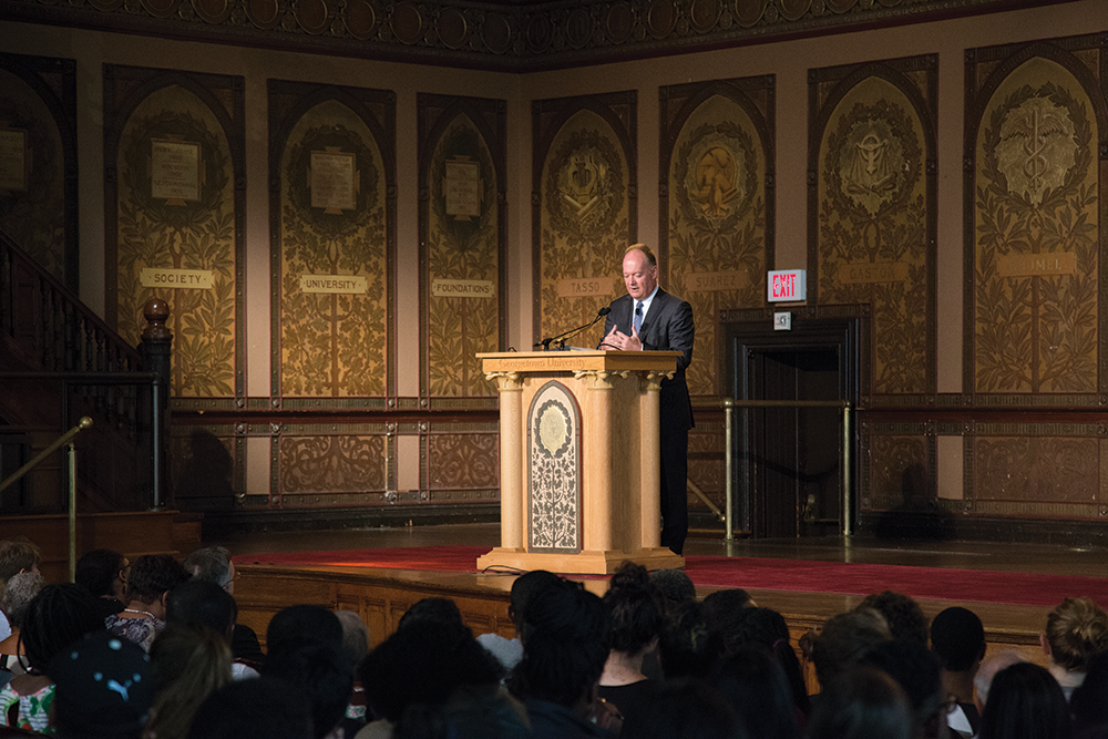STEPHANIE YUAN/THE HOYA
Hours after the release of the report by the Working Group on Slavery, Memory and Reconciliation, President DeGioia gave an address to discuss how the administration would take steps to acknowledge the university’s slaveholding past and its debt to the descendants.