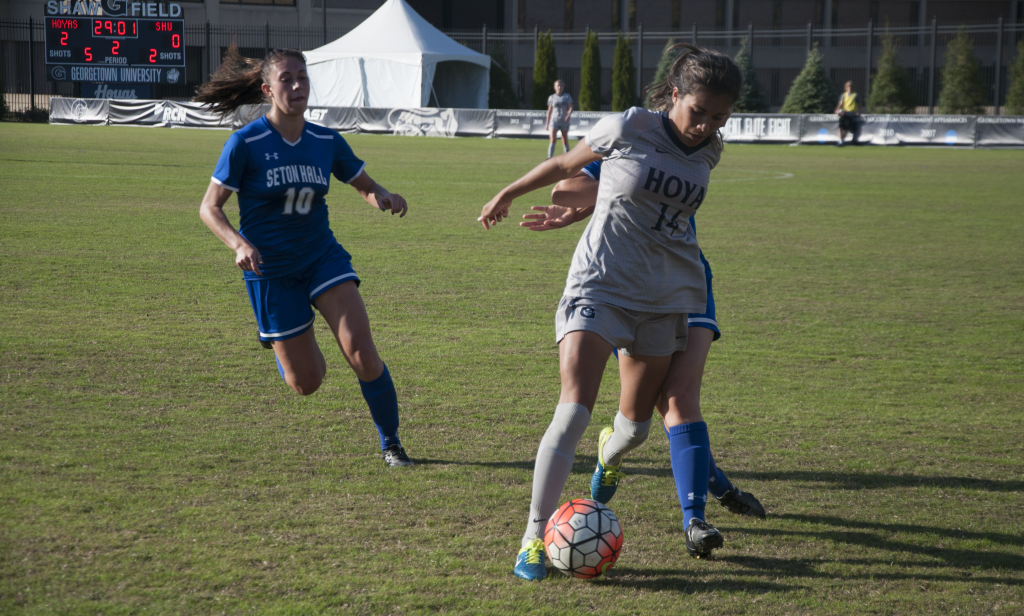 FILE PHOTO: ELIZA MINEAUX/THE HOYA
Junior midfielder Chloe Knott, number 14, grew up in Auckland, New Zealand. She was the captain of her high school soccer team from 2010 to 2013. At Georgetown, she has appeared in 44 games and has seven career assists.