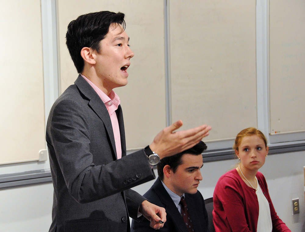 LUAN TIAN FOR THE HOYA
GU College Republican Peter Hamilton member (SFS ’20) represented GUCR at the annual “Freshman Debate.” Student Democrats have supported Clinton, while Republicans are conflicted over Trump.