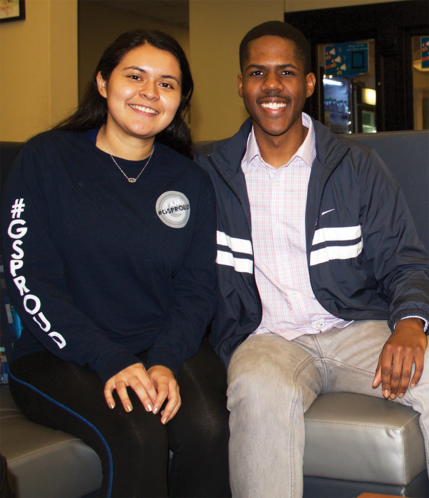 FILE PHOTO: ANNA KOVACEVICH/THE HOYA
GUSA Vice President-elect Jessica Andino (COL 18), left, and President-elect Kamar Mack (COL 19) were elected Feb. 23 with the narrowest election margin in recent history of 34 votes. 