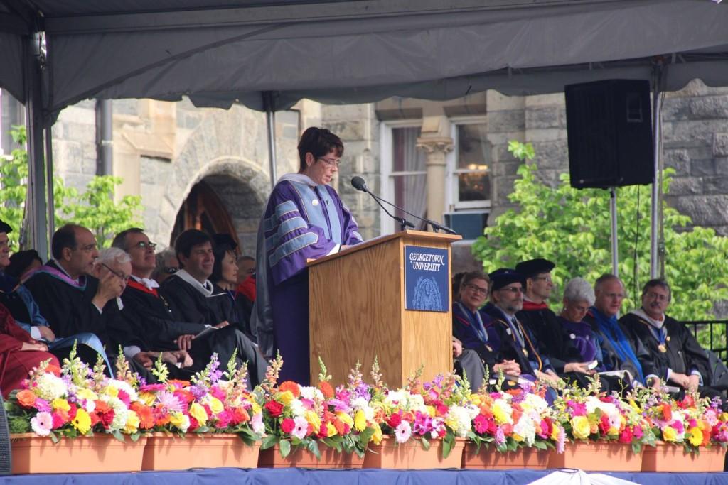 ISABEL BIMAIRA/THE HOYA Project HOME co-founder Sister Mary Scullion called for renewed compassion and empathy to solve the problems of inequality and cruelty in her commencement address to the Georgetown College Class of 2017.