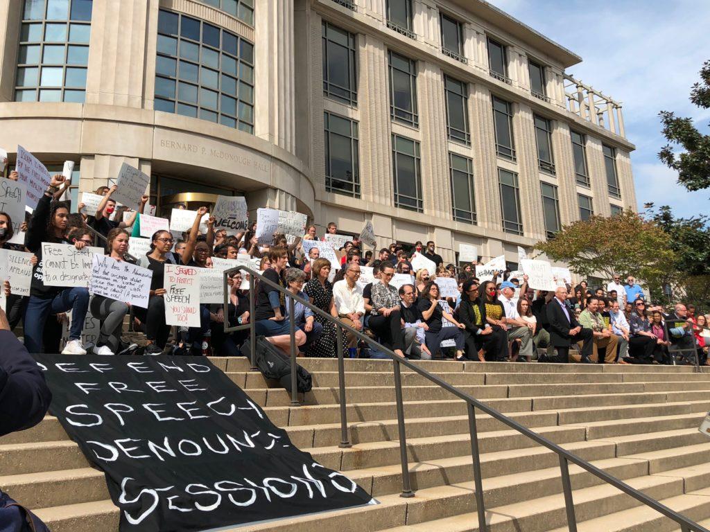 Jesus Rodriguez/The Hoya
Students and faculty protested both Sessions policies as attorney general and the selective nature of the event by taking a knee outside the venue.