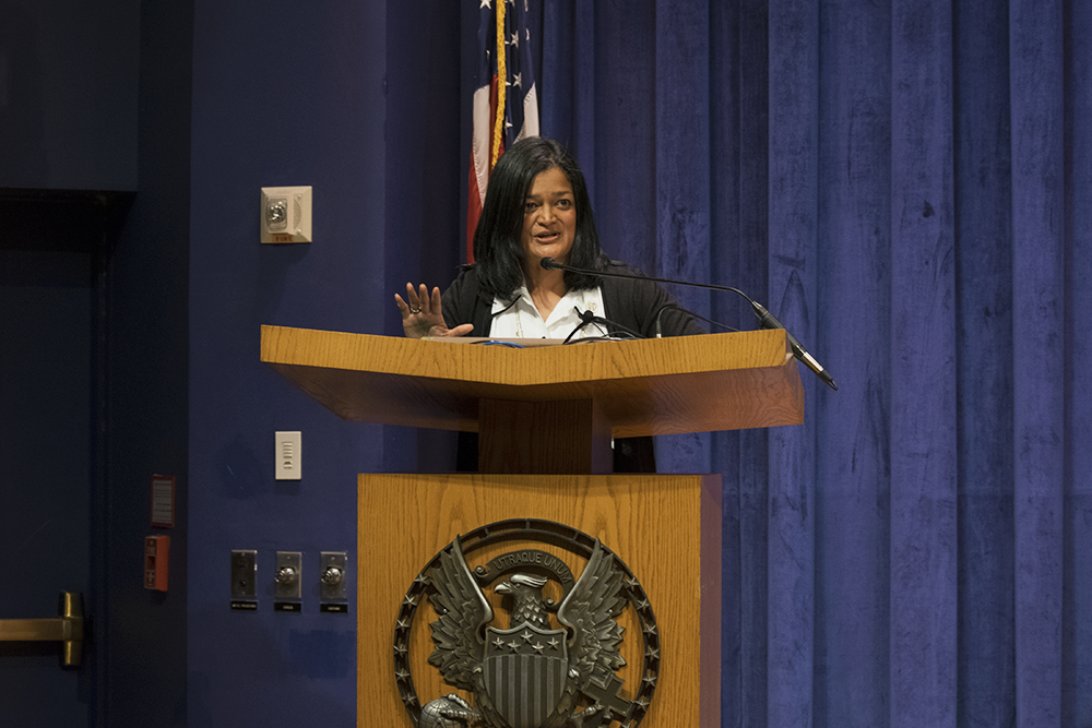 WILL CROMARTY FOR THE HOYA
Pramila Jayapal, the first Indian-American to serve in Congress, shared her Georgetown story with students Monday.