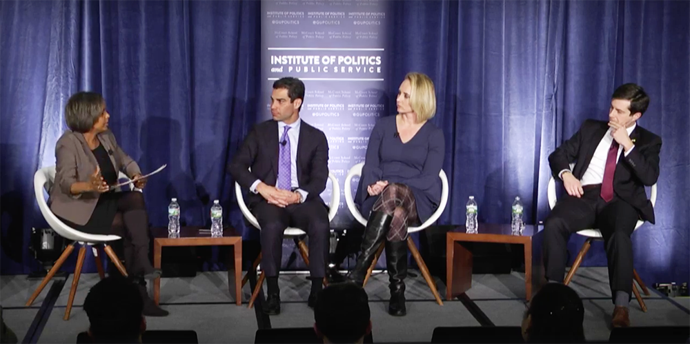 GEORGETOWN INSTITUTE OF POLITICS AND PUBLIC SERVICE Left to right: Georgetown University Law Professor Sheila Foster; Mayor Francis Suarez (R) of Miami, FL; Mayor Lydia Mihalik (R) of Findlay, Ohio;  Mayor Pete Buttigieg (D) of South Bend, Indiana