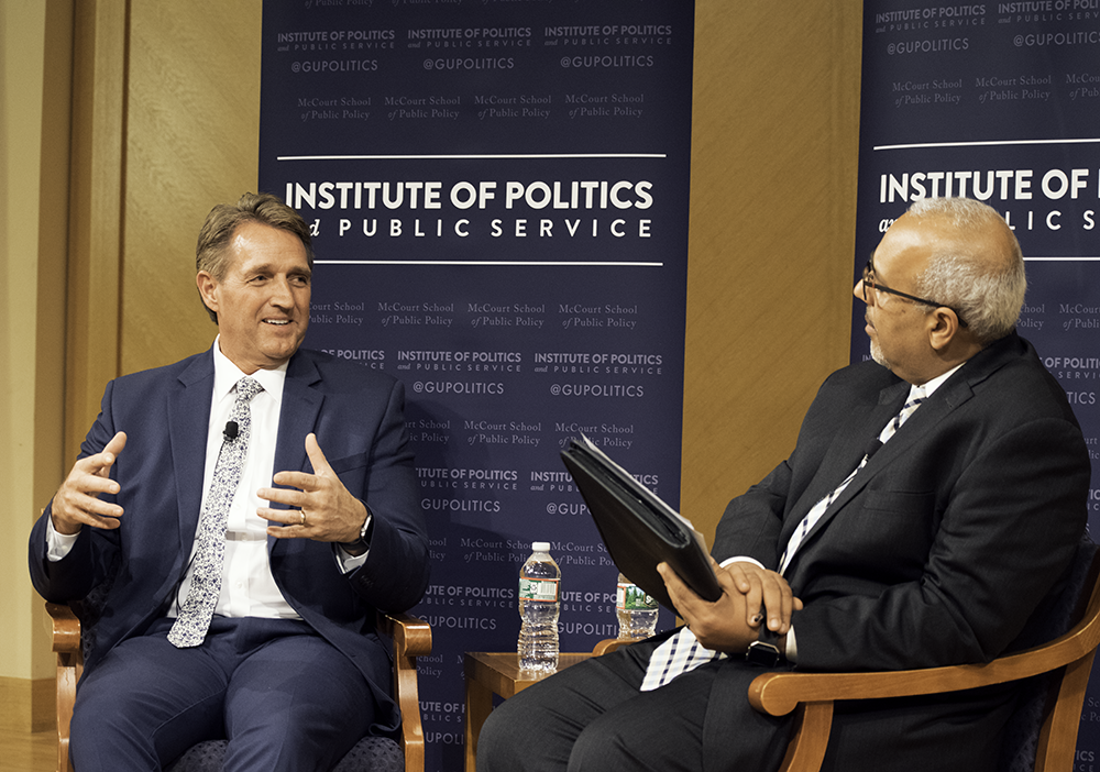 WILL CROMARTY/THE HOYA
Senator Jeff Flake (R-Ariz.), left, discussed the decline of bipartisanship with Mo Elleithee, the executive director of the Georgetown Institute of Politics and Public Service.