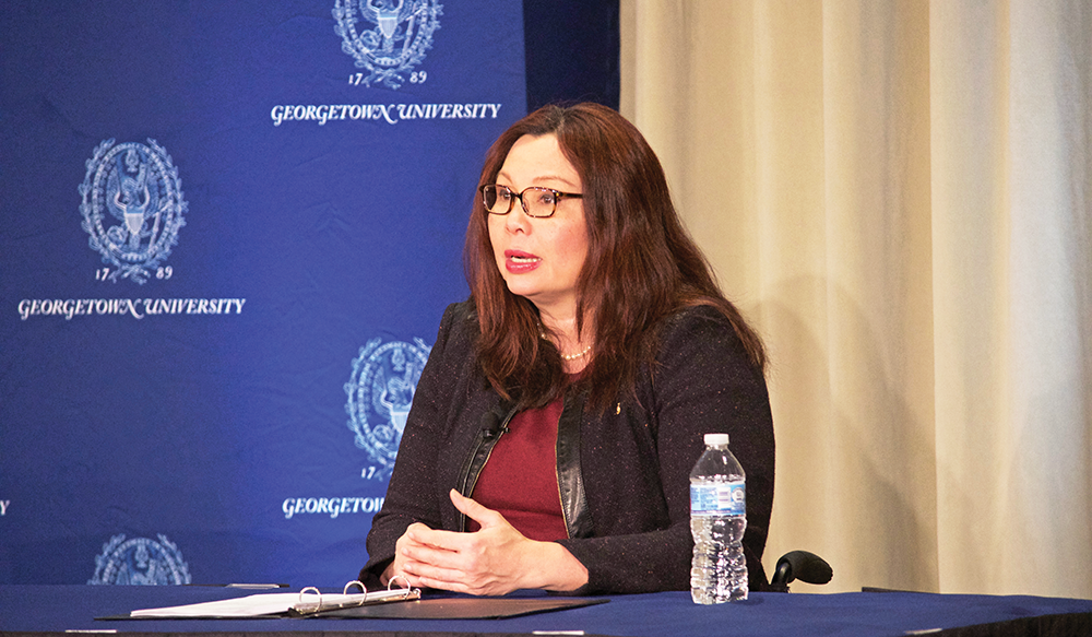 LAUREN SEIBEL/THE HOYA
Senator Tammy Duckworth (D-Ill.) told a capacity crowd of Georgetown students that the Trump administration is bringing the country dangerously close to war with North Korea.