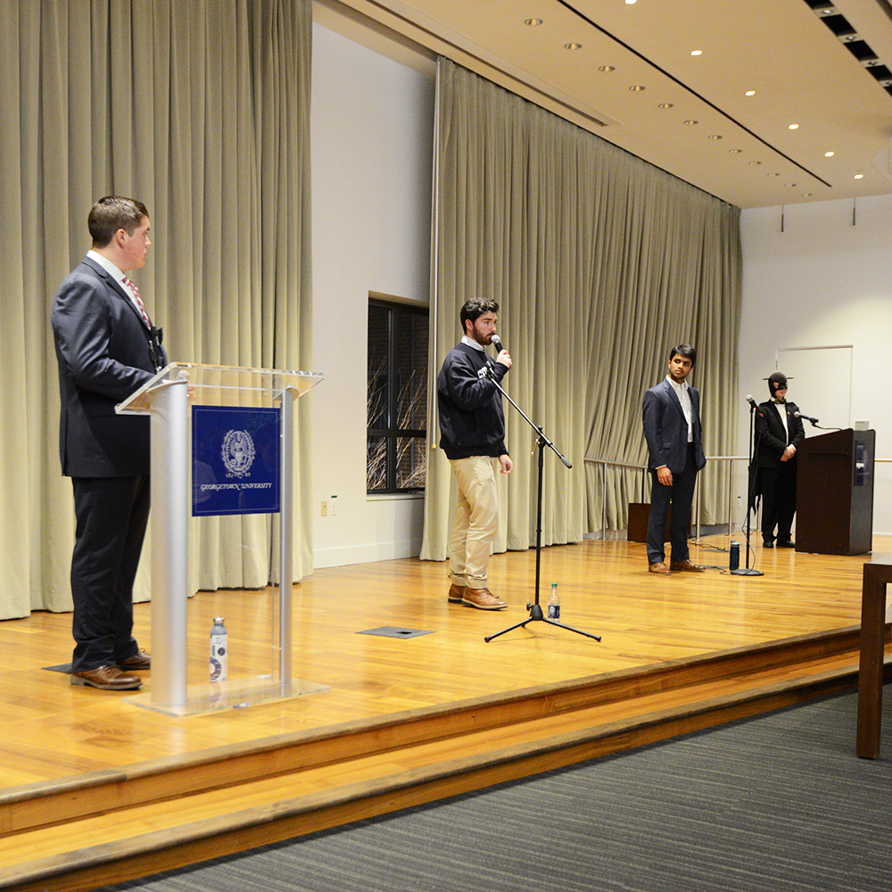 AARON WEINMANN FOR THE HOYA
Four candidates for president of the Georgetown University Student Association discussed their qualifications and policy priorities in a presidential debate Monday.